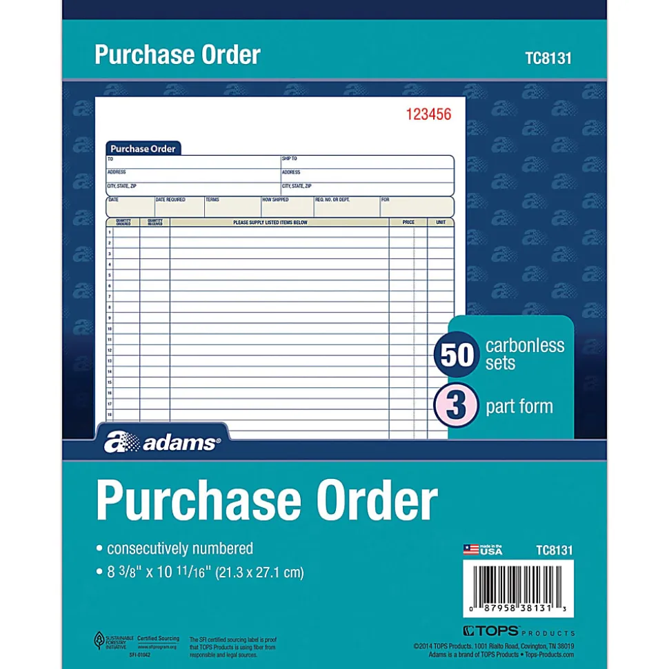 Adams® Carbonless Purchase Order Book, 8 3/8" x 10 11/16", 3-Part, 50 Set Pad