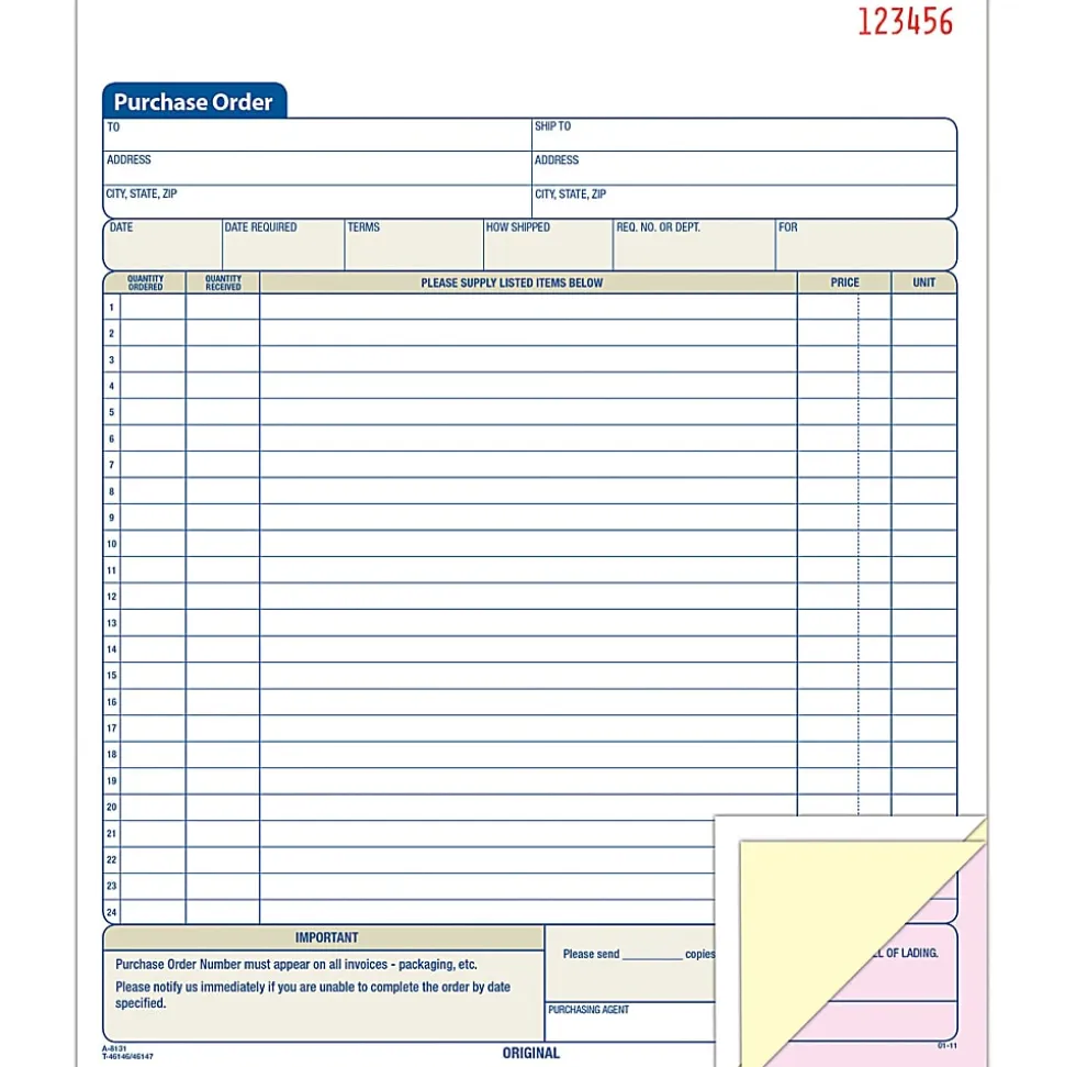 Adams® Carbonless Purchase Order Book, 8 3/8" x 10 11/16", 3-Part, 50 Set Pad