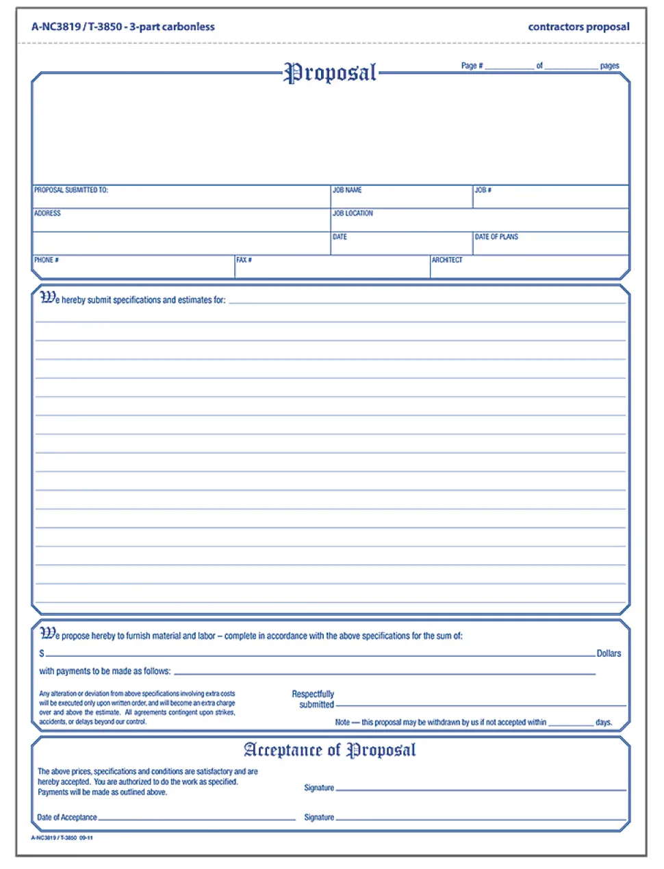 Adams® Contractor Proposal Unit Sets, 3-Part, 10 15/16" x 8 1/2", Multicolor, Pack Of 50