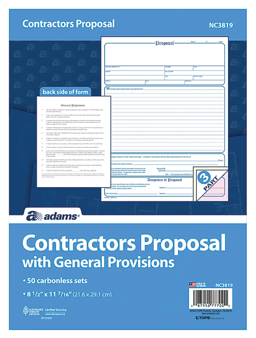 Adams® Contractor Proposal Unit Sets, 3-Part, 10 15/16" x 8 1/2", Multicolor, Pack Of 50