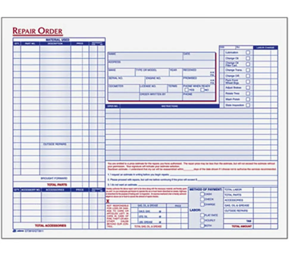 Adams Garage Repair Order Forms, 3-Part, 8 1/2" x 11 1/2", 250 Sets Per Book