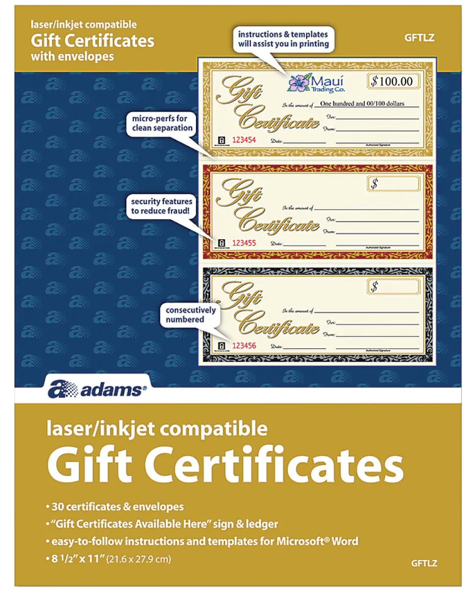 Adams® Gift Certificates Kit, Pack Of 30 Certificates