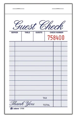 AdamsĀ® Guest Check Books, 1-Part, 3 3/8" x 5", 12 Pads Of 100 Sheets Each (1,200 Guest Checks Total)