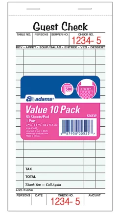 AdamsĀ® Guest Check Books, 1-Part, 3 2/5" x 6 3/4", 10 Pads Of 50 Sheets Each (500 Guest Checks Total)