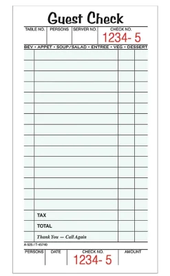 Adams® Guest Check Books, 1-Part, 3 2/5" x 6 3/4", 10 Pads Of 50 Sheets Each (500 Guest Checks Total)