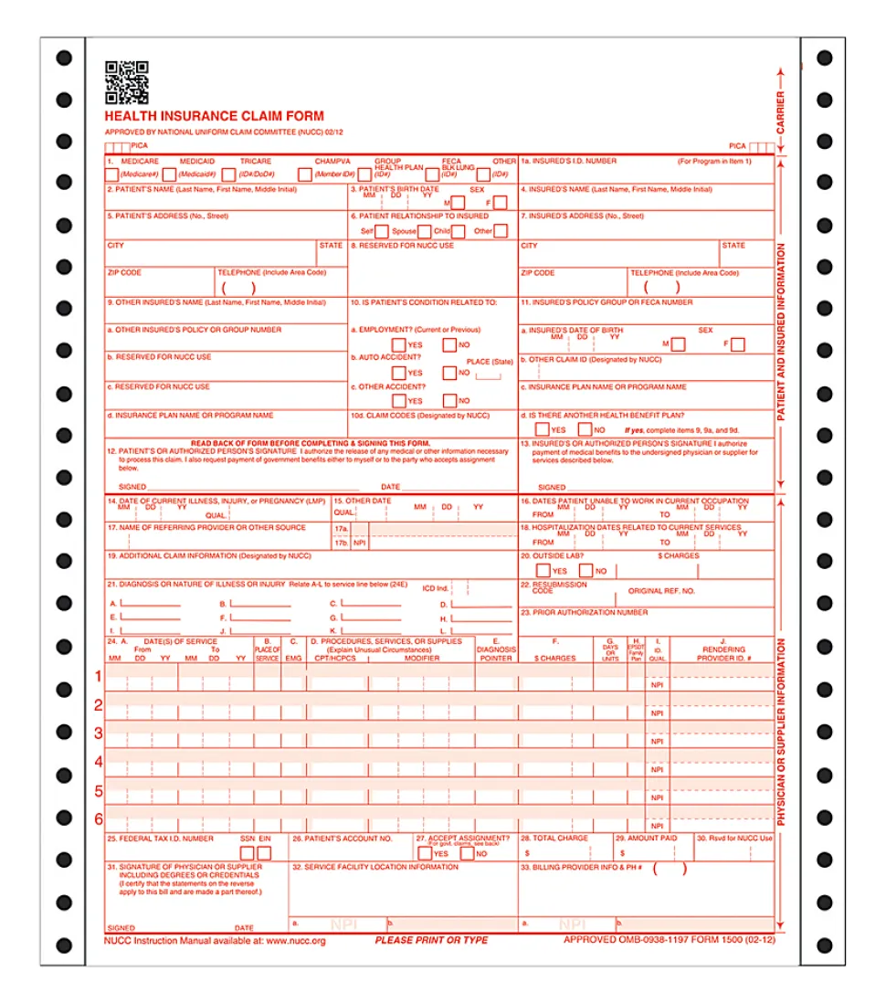 Adams® Health Insurance Claim Form, 2-Part, 8 1/2" x 11", 100 Sets