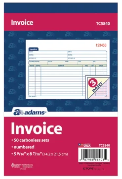 Adams⢠3-Part Carbonless Invoice Book, 8 7/16" x 5 9/16", White/Canary/Pink, 50 Sets