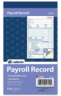 Adams® 2-Part Carbonless Payroll Record Sets Book, 4 3/16" x 7 3/16", White/Canary, Pack Of 50 Sets