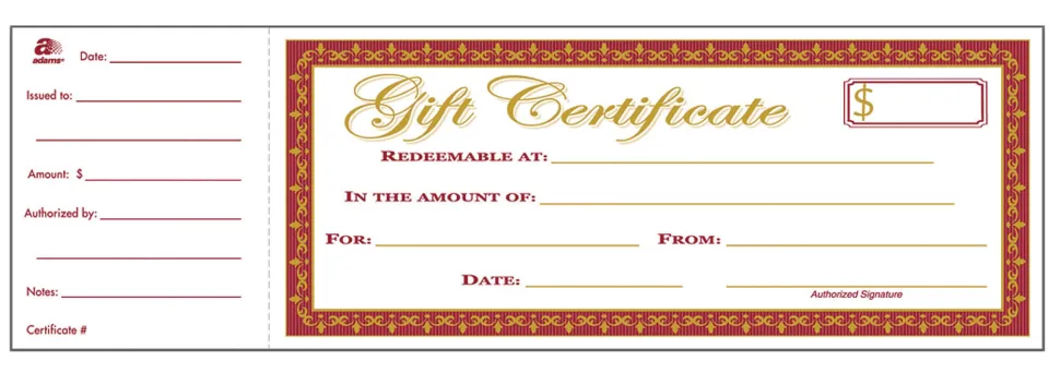 Adams® 1-Part Gift Certificates, 3 1/4" x 10 3/4", White, Pack Of 25