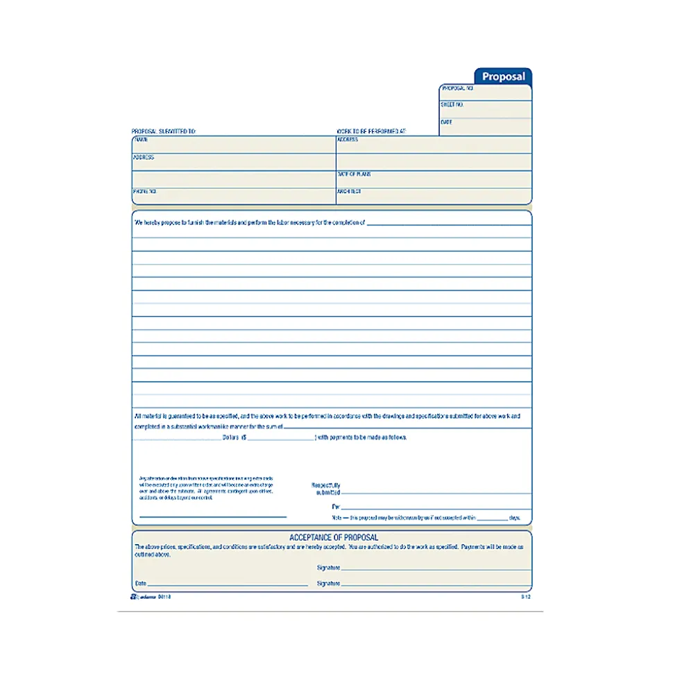 Adams™ Proposal Book, 8 3/8" x 11", 1 Part With Carbons, White, 50 Sheets