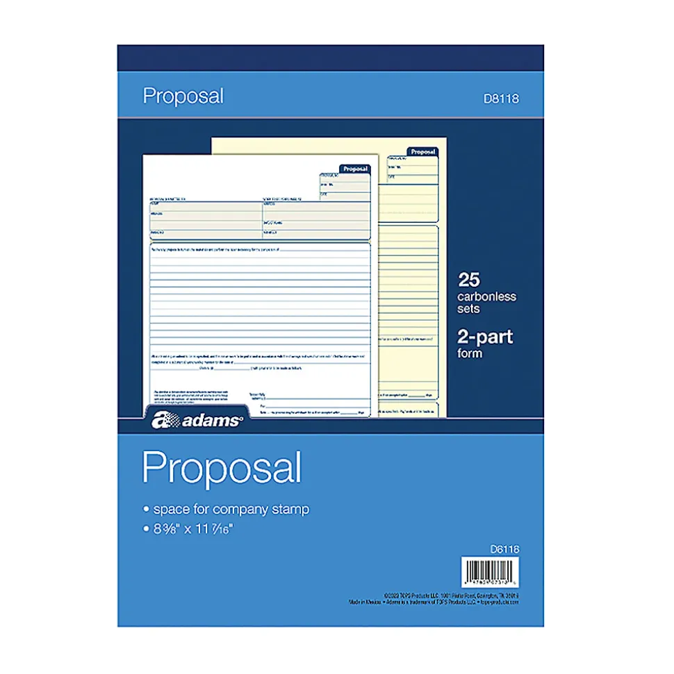 Adams™ Proposal Book, 8 3/8" x 11", 1 Part With Carbons, White, 50 Sheets
