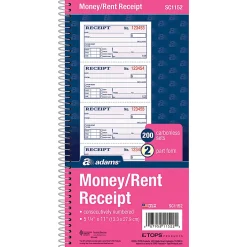 Adams Spiral 2-part Money/Rent Receipt Book - 200 Sheet(s) - Spiral Bound - 2 Part - 11"x5.25" Form Size - White, Canary - Assorted Sheet(s) - 5/Pack