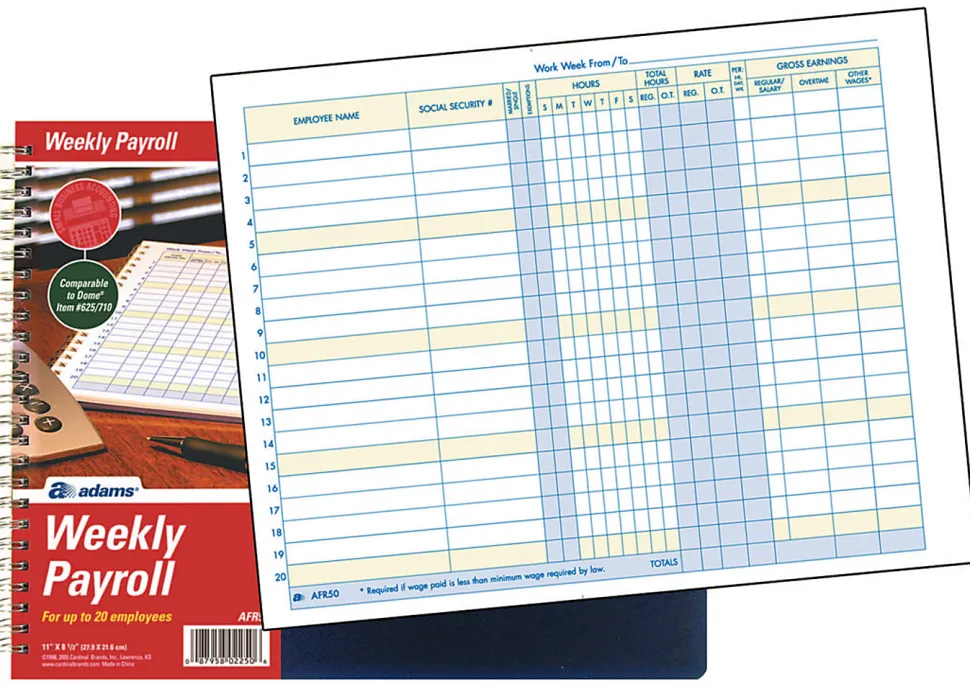 Adams® Weekly Payroll Book, 8 1/2" x 11", Blue