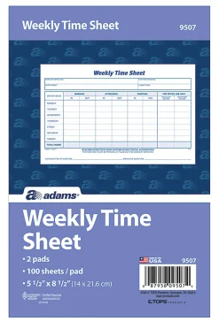 Adams™ Weekly Time Sheets, 8 1/2" x 5 1/2", White, 100 Sheets Per Pad, Pack Of 2 Pads