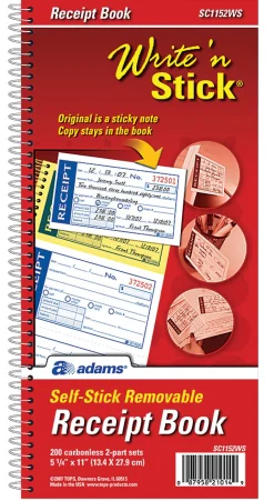 AdamsĀ® Write N' Stick Receipt Book, 5 1/4" x 11", 2-Part, Book Of 200 Sets