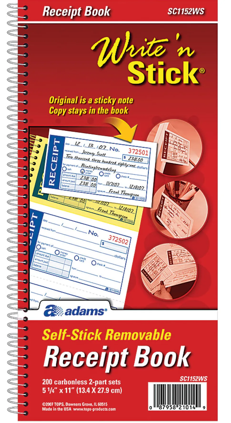Adams® Write N' Stick Receipt Book, 5 1/4" x 11", 2-Part, Book Of 200 Sets