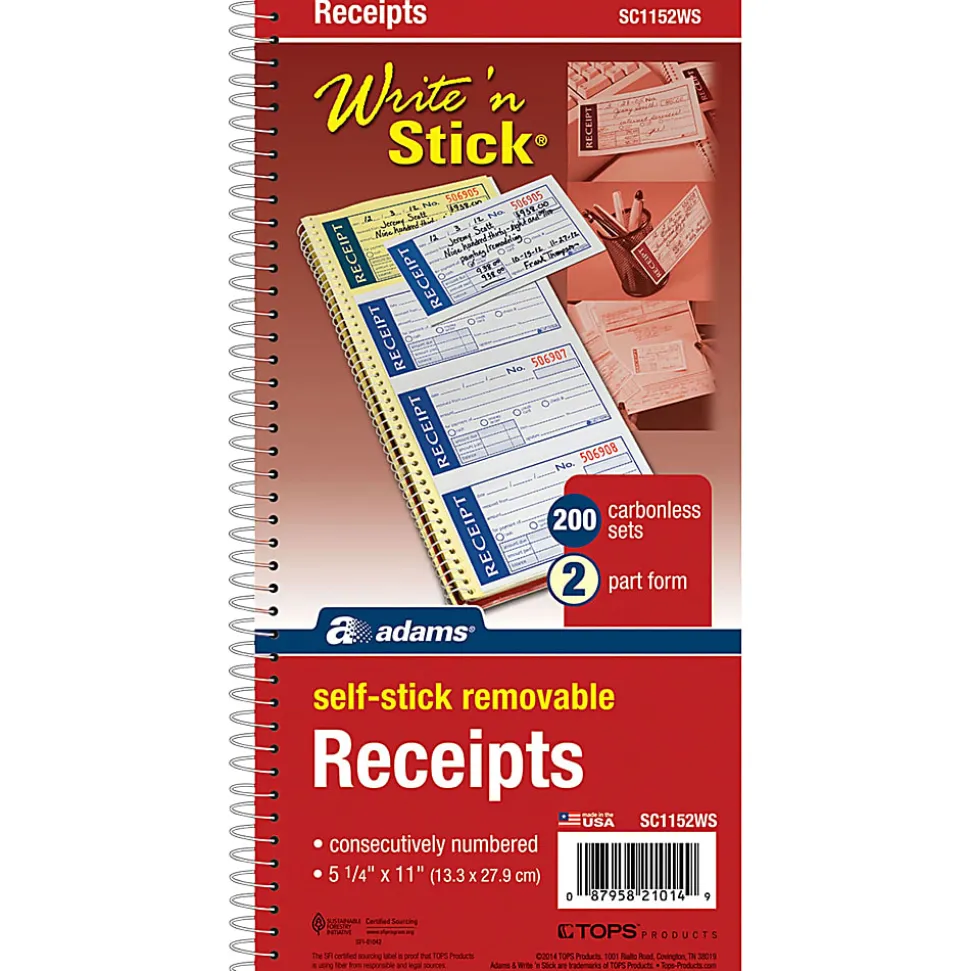 Adams® Write N' Stick Receipt Book, 5 1/4" x 11", 2-Part, Book Of 200 Sets