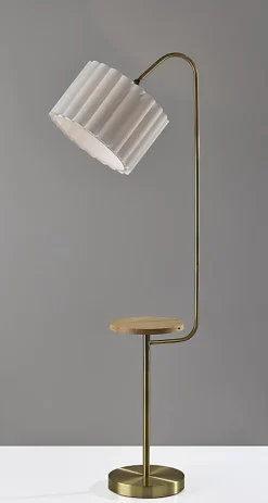 Adesso Caldwell Shelf Floor Lamp, Antique Brass with Beige Linen Shade