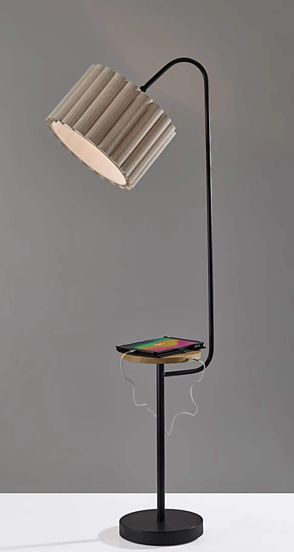 Adesso Caldwell Shelf Floor Lamp, Black with Beige Linen Shade
