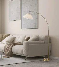 Adesso Delaney Arc Floor Lamp, 76”H, Off-White Shade/Antique Brass Base