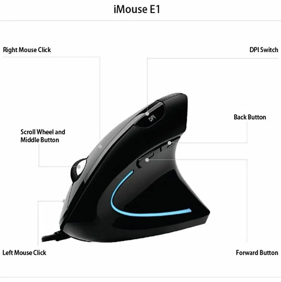 Adesso® iMouse E1 USB Illuminated Vertical Ergonomic Optical Mouse, Glossy Black