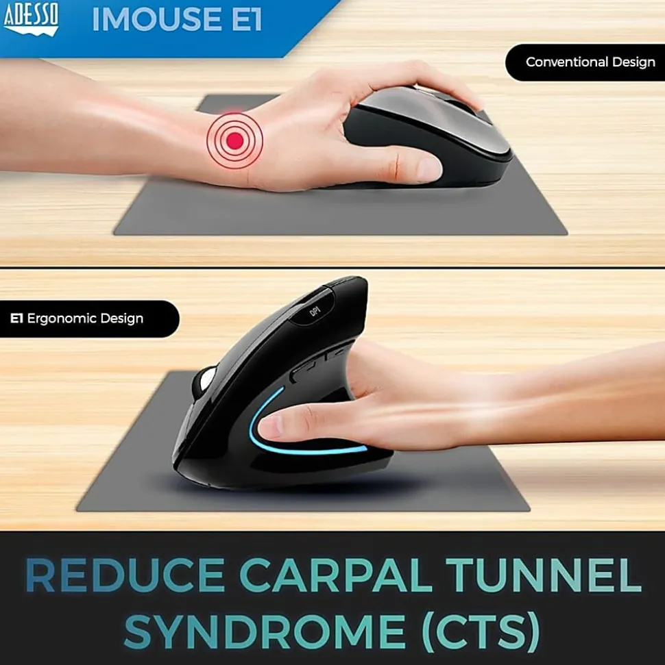 Adesso® iMouse E1 USB Illuminated Vertical Ergonomic Optical Mouse, Glossy Black