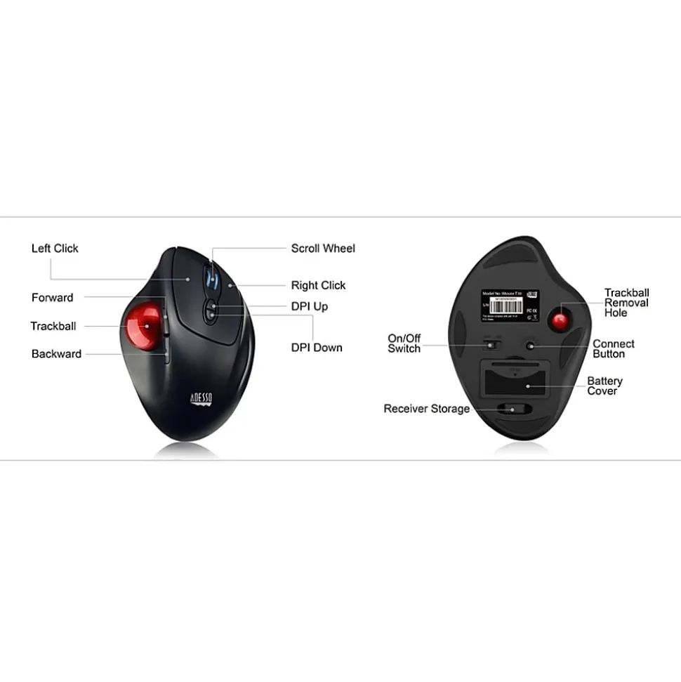 Adesso® iMouse T30 Wireless RF 4-Button Desktop Trackball Mouse