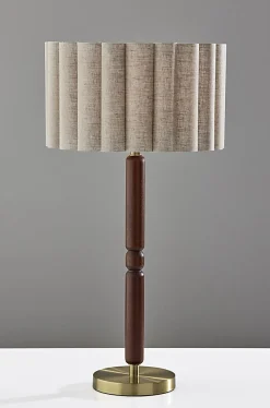 Adesso Laine Table Lamp, Antique Brass/Walnut with Beige Linen Shade