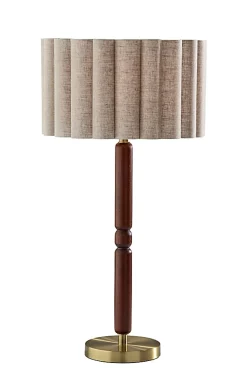 Adesso Laine Table Lamp, Antique Brass/Walnut with Beige Linen Shade