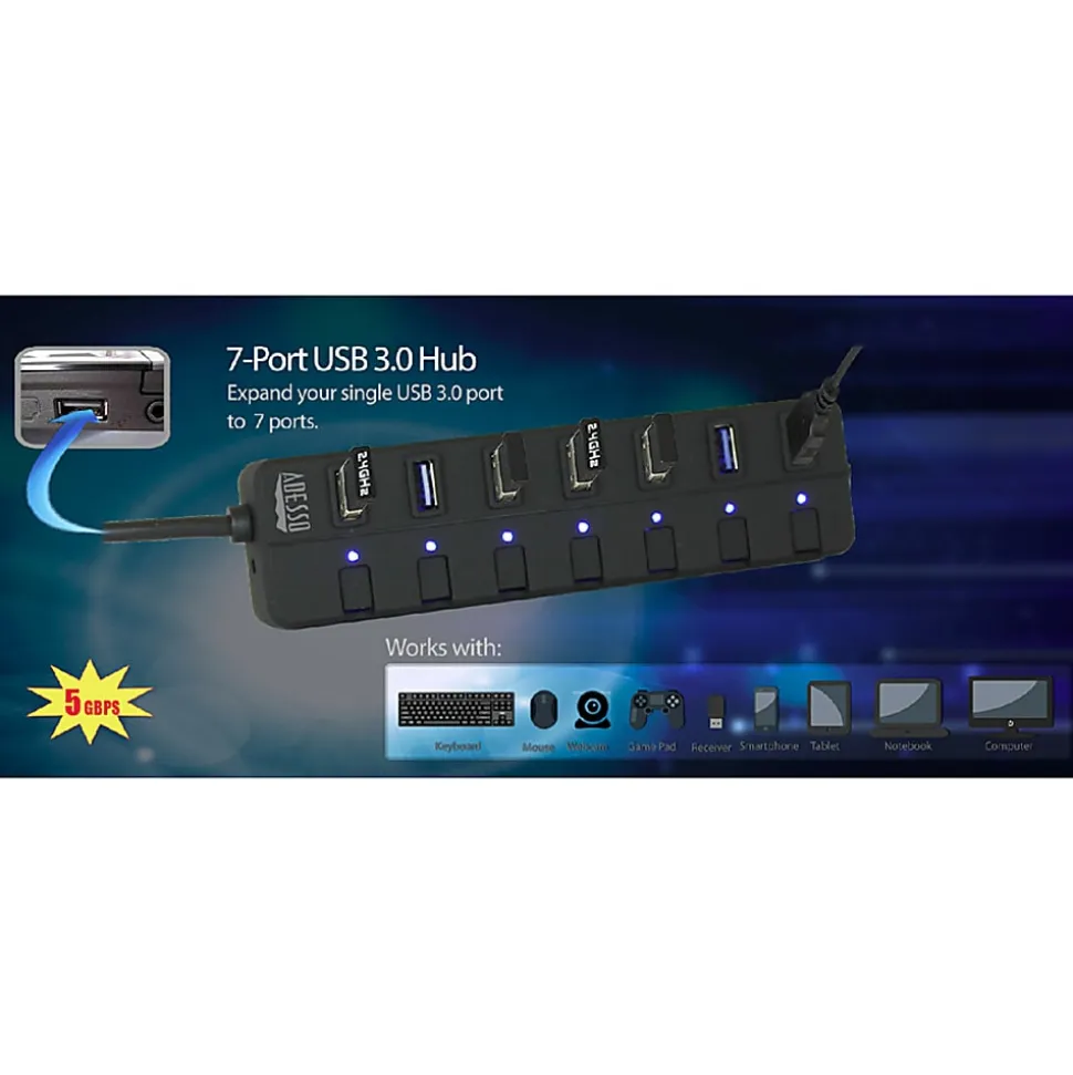 Adesso 7-ports USB 3.0 Hub with 5V2A Power Adaptor - USB - External - 7 USB Port(s) - 7 USB 3.0 Port(s) - PC, Mac