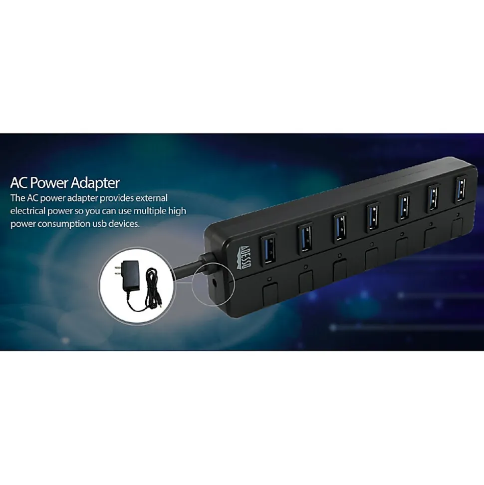 Adesso 7-ports USB 3.0 Hub with 5V2A Power Adaptor - USB - External - 7 USB Port(s) - 7 USB 3.0 Port(s) - PC, Mac