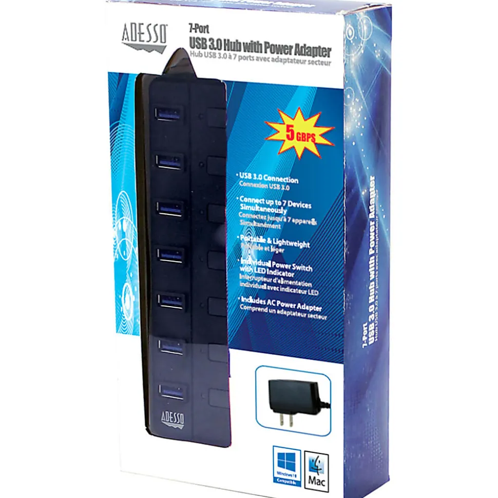 Adesso 7-ports USB 3.0 Hub with 5V2A Power Adaptor - USB - External - 7 USB Port(s) - 7 USB 3.0 Port(s) - PC, Mac