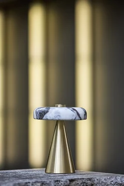 Adesso Randy LED Cordless Table Lamp, Antique Brass with Marble Shade