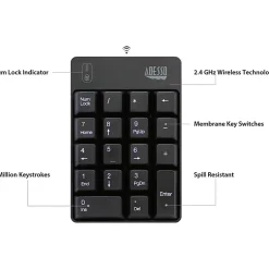 Adesso Wireless Spill Resistant 18-Key Numeric Keypad - Wireless Connectivity - RF - 30 ft - 2.40 GHz - WKB6010UB