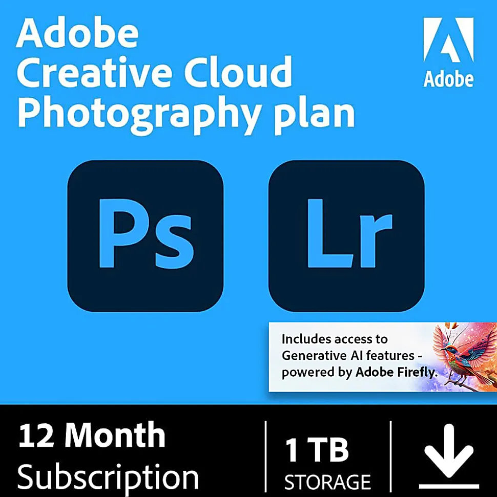 Adobe Creative Cloud Photo Plan 2025, 1 YR Subscription, Mac/Windows/IOS, Download