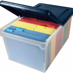 Advantus Extra Capacity Storage File Tote With Lid, Letter Size, 10 13/16" x 23" x 14 1/8", Clear/Navy