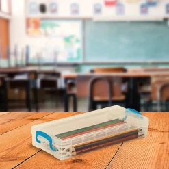Advantus Super Stacker Pencil Box. Clear box with snap tight handles
