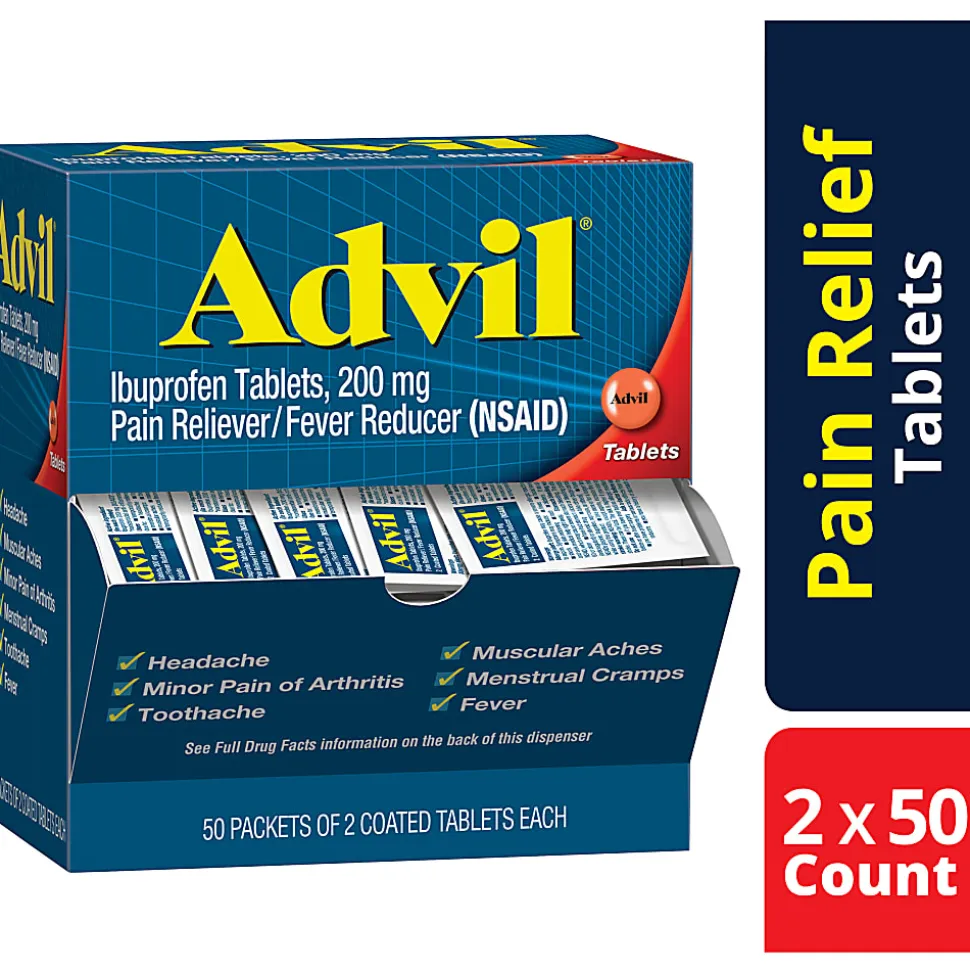 Advil Ibuprofen Packets, 2 Tablets Per Packet, Box Of 50 Packets