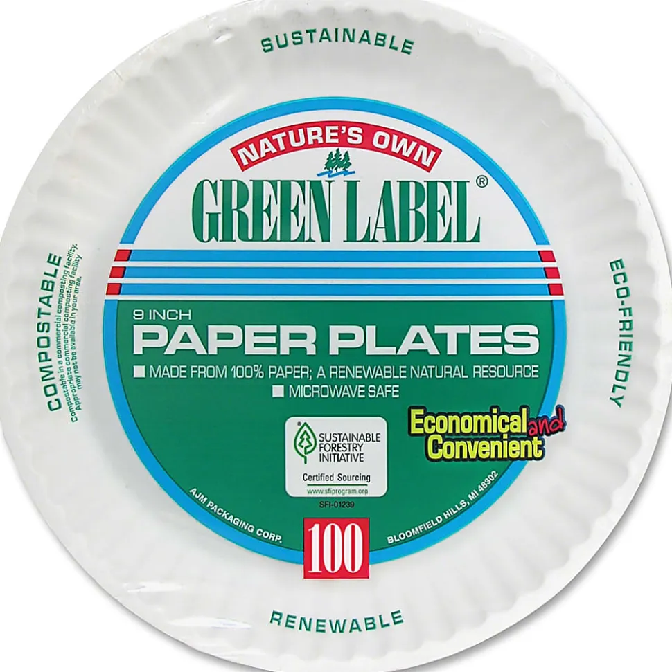 AJM Green Label Paper Plates, 9", White, Box Of 1,200 Plates