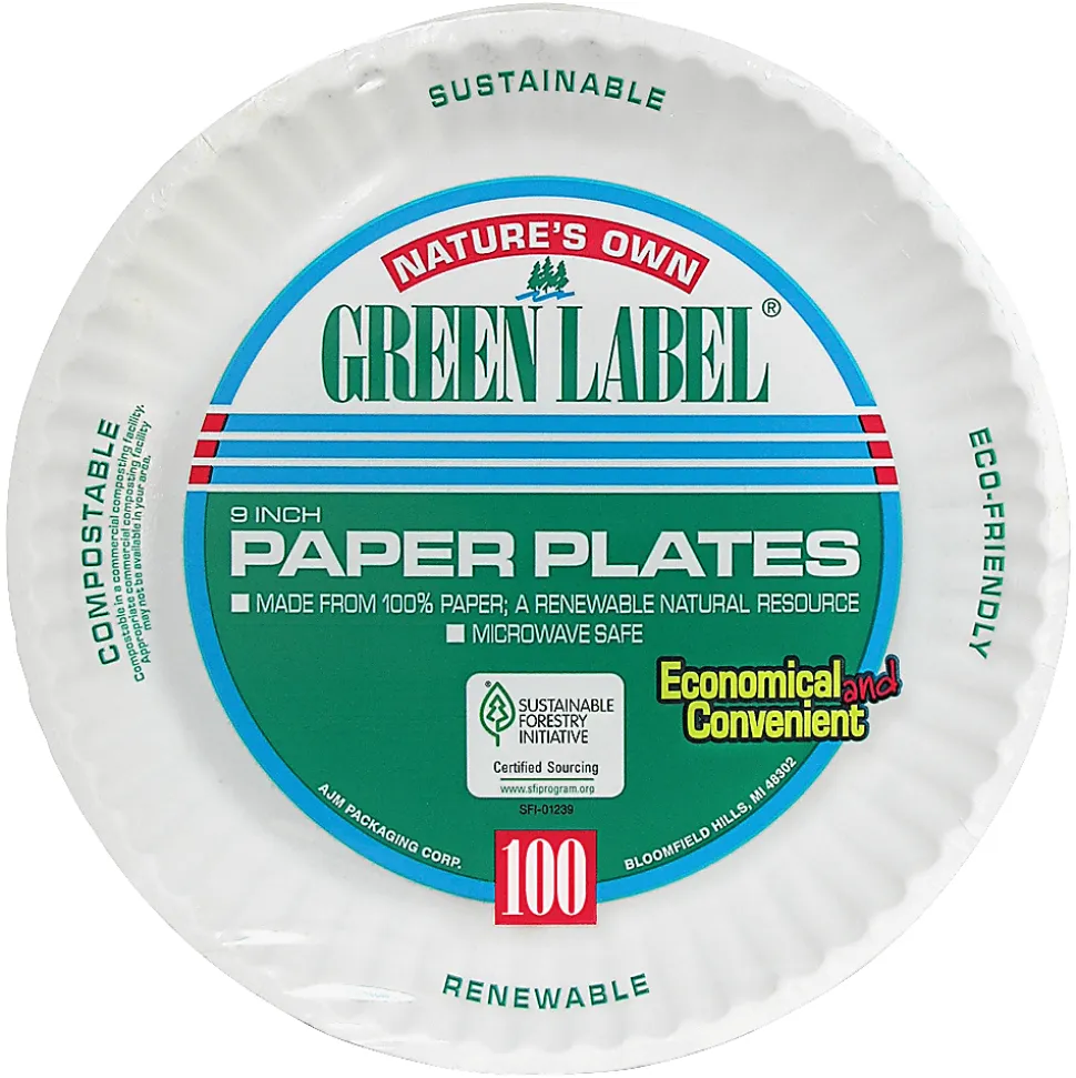 AJM Green Label Paper Plates, 9", White, Box Of 1,200 Plates