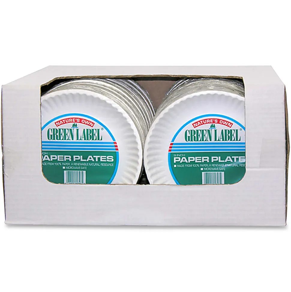 AJM Green Label Paper Plates, 9", White, Box Of 1,200 Plates