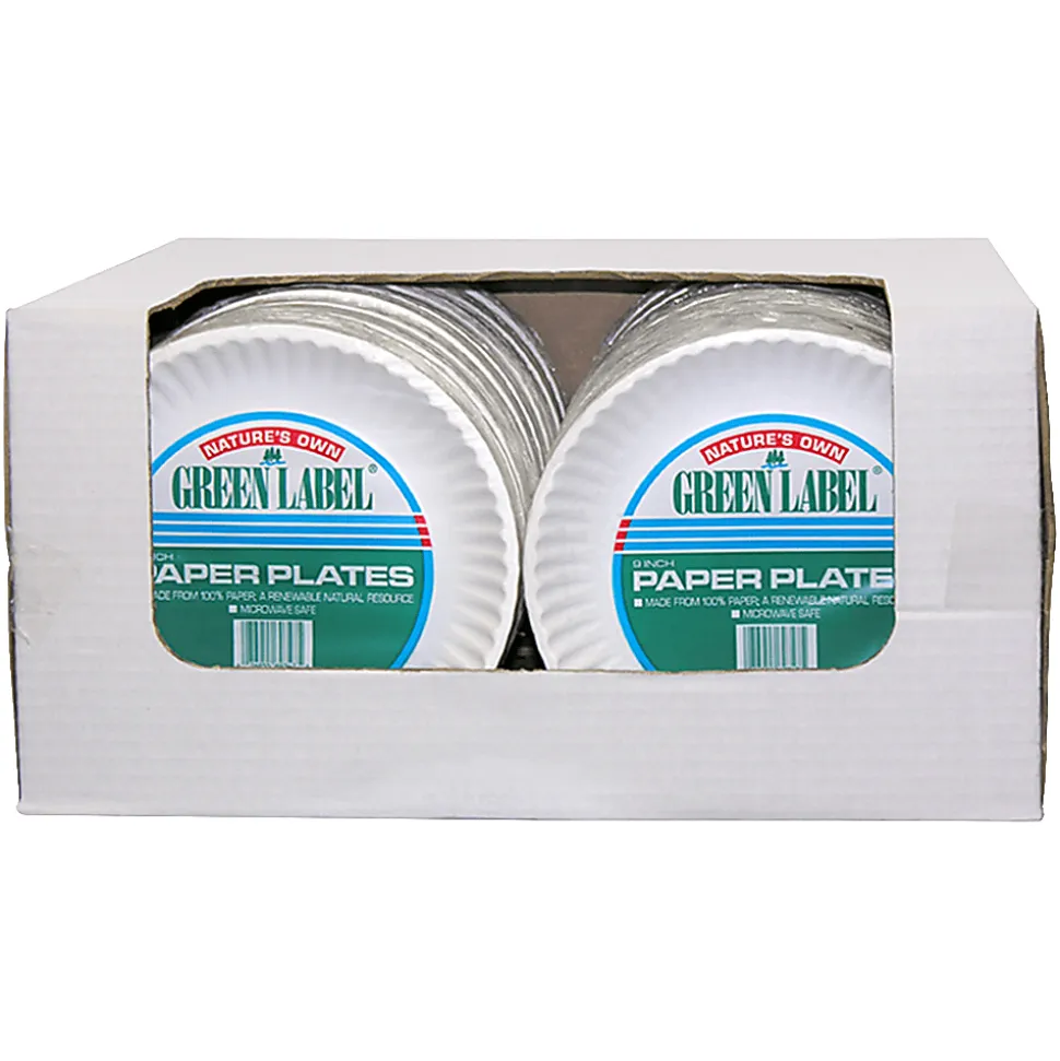AJM Green Label Paper Plates, 9", White, Box Of 1,200 Plates