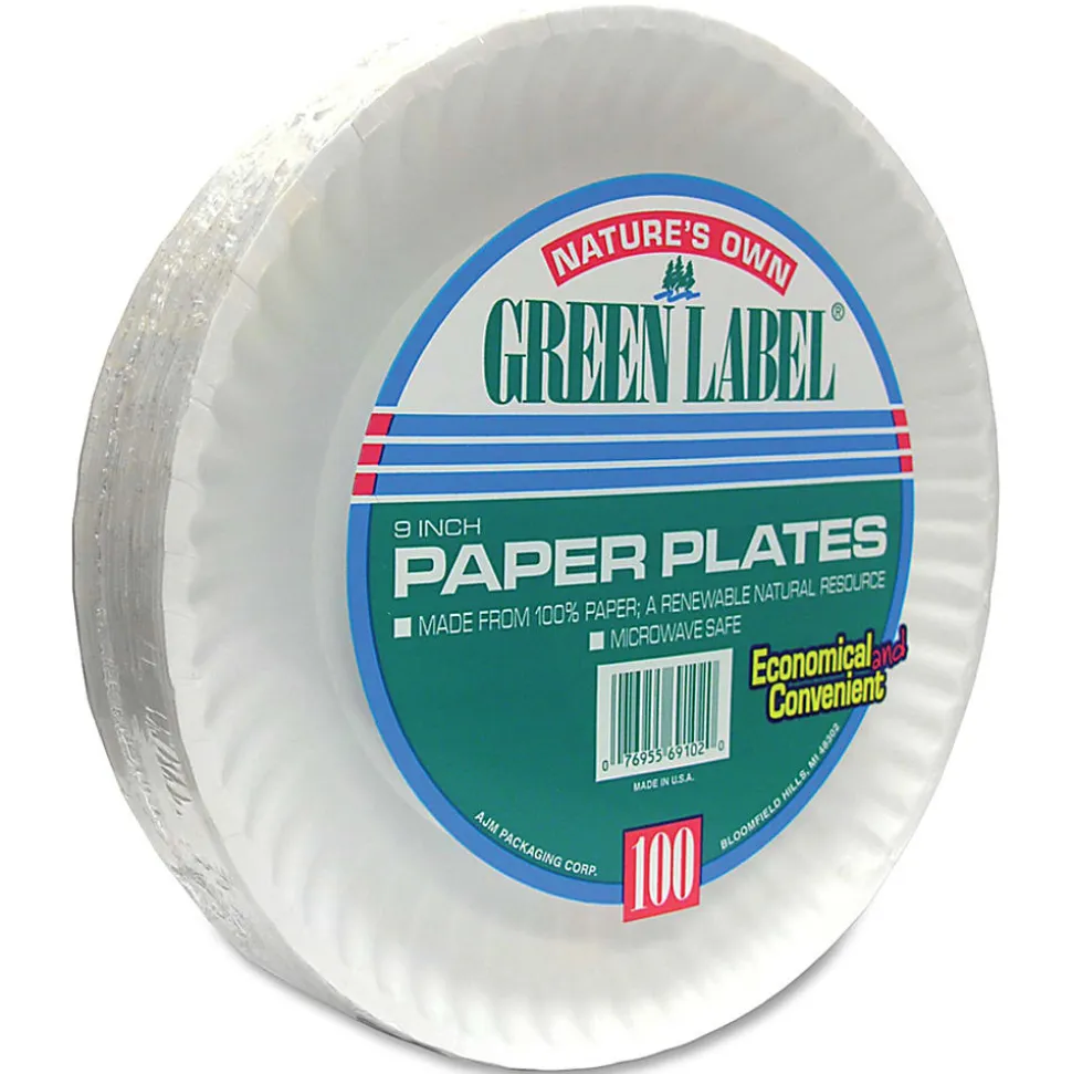 AJM Green Label Paper Plates, 9", White, Box Of 1,200 Plates