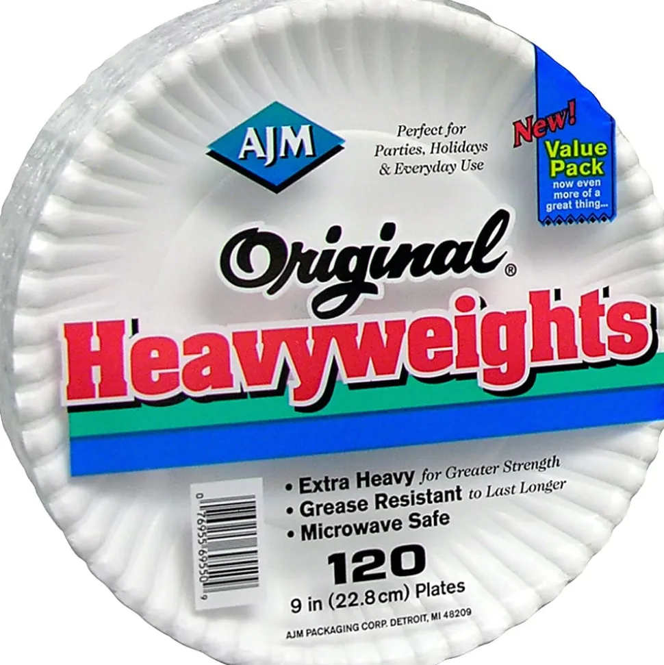 AJM Packaging Corporation Gold Label Coated Paper Plates, White, Pack Of 120 Plates