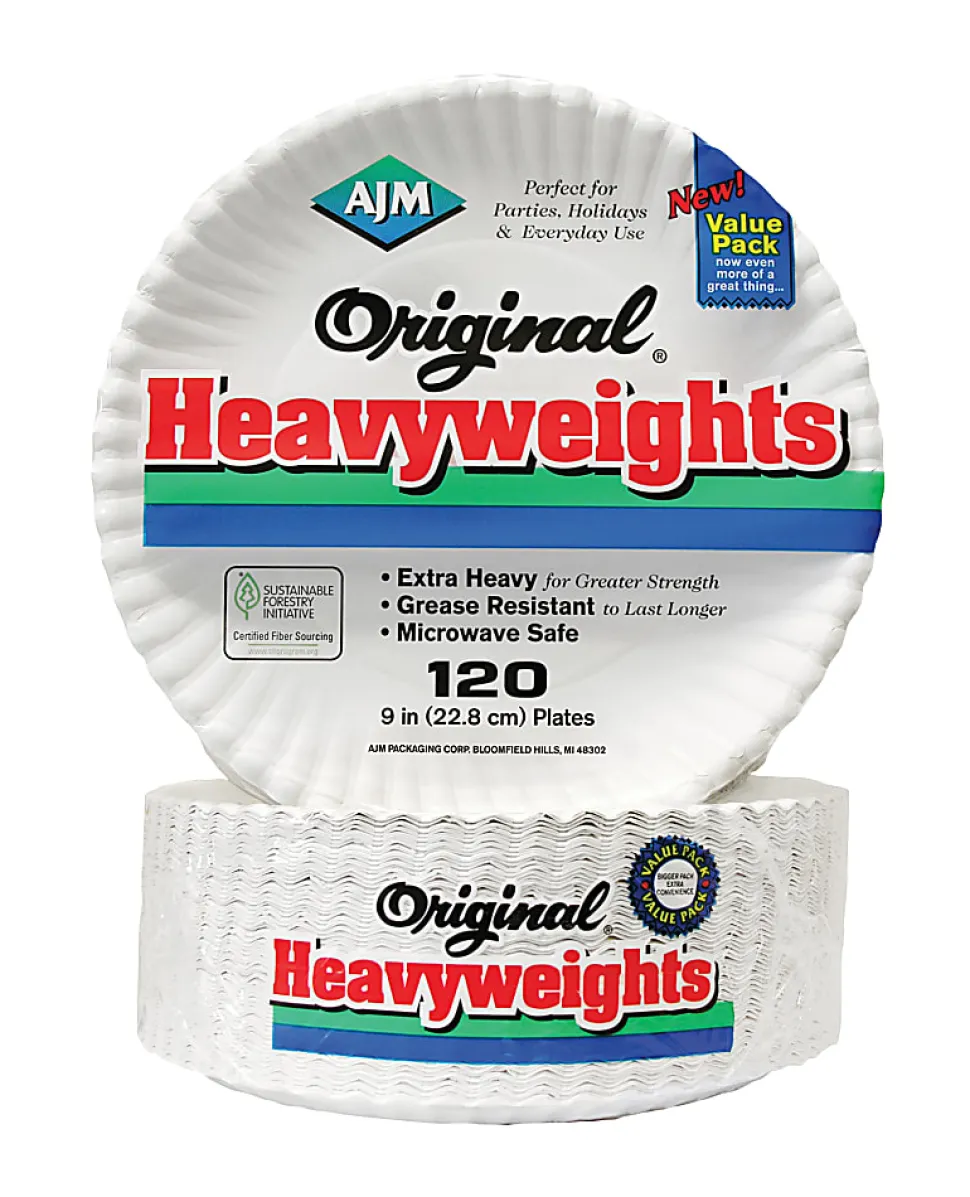 AJM Packaging Corporation Gold Label Coated Paper Plates, White, Pack Of 120 Plates