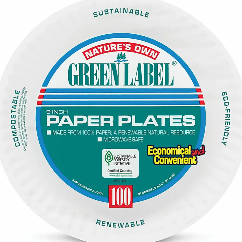 AJM Packaging Green Label Paper Plates, 9", White, 100 Plates Per Pack, Case Of 10 Packs