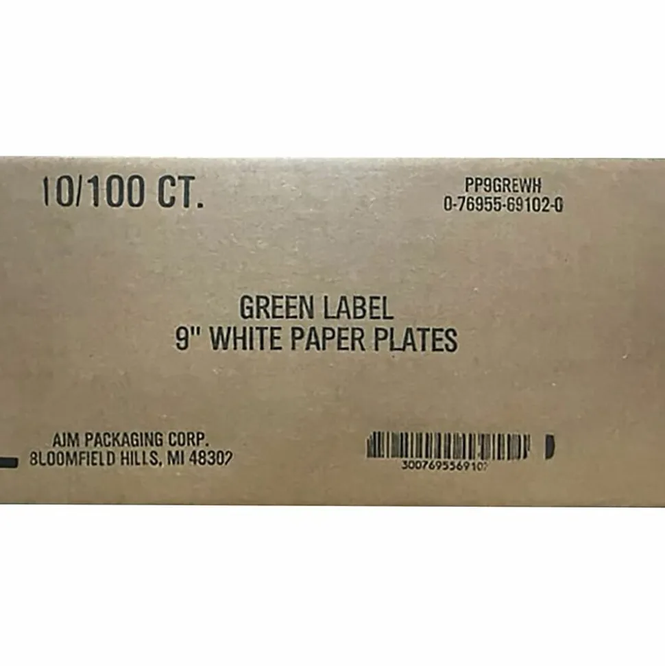AJM Packaging Green Label Paper Plates, 9", White, 100 Plates Per Pack, Case Of 10 Packs