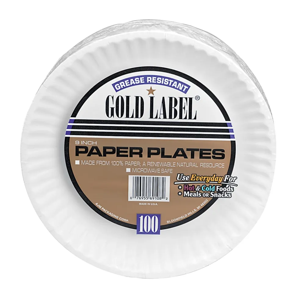 AJM Premium Gold Label® Coated Paper Plates, 9" Diameter, White, Pack Of 100