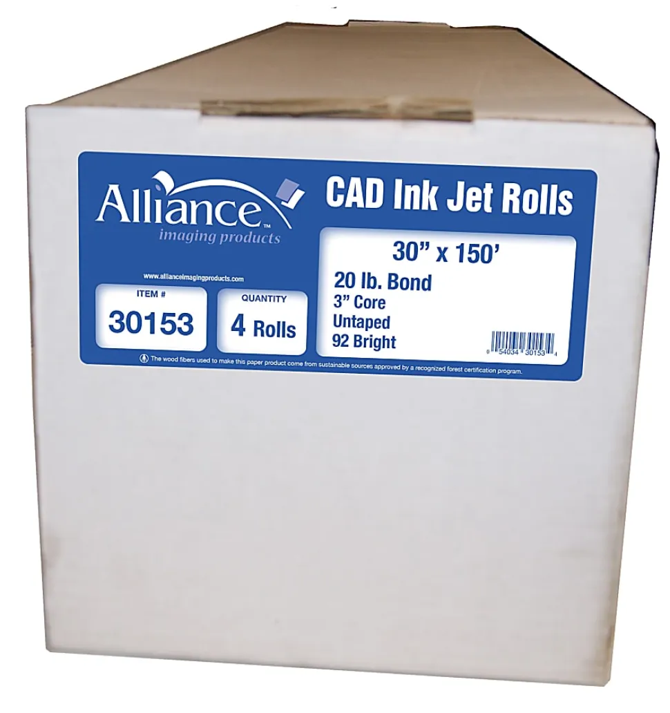 Alliance® CAD Bond Paper, 3" Core, 30" x 150', 92 Brightness, 20 Lb, White, Pack Of 4 Rolls