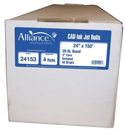 Alliance® CAD Bond Paper, 3" Core, 24" x 150', 92 Brightness, 20 Lb, White, Pack Of 4 Rolls